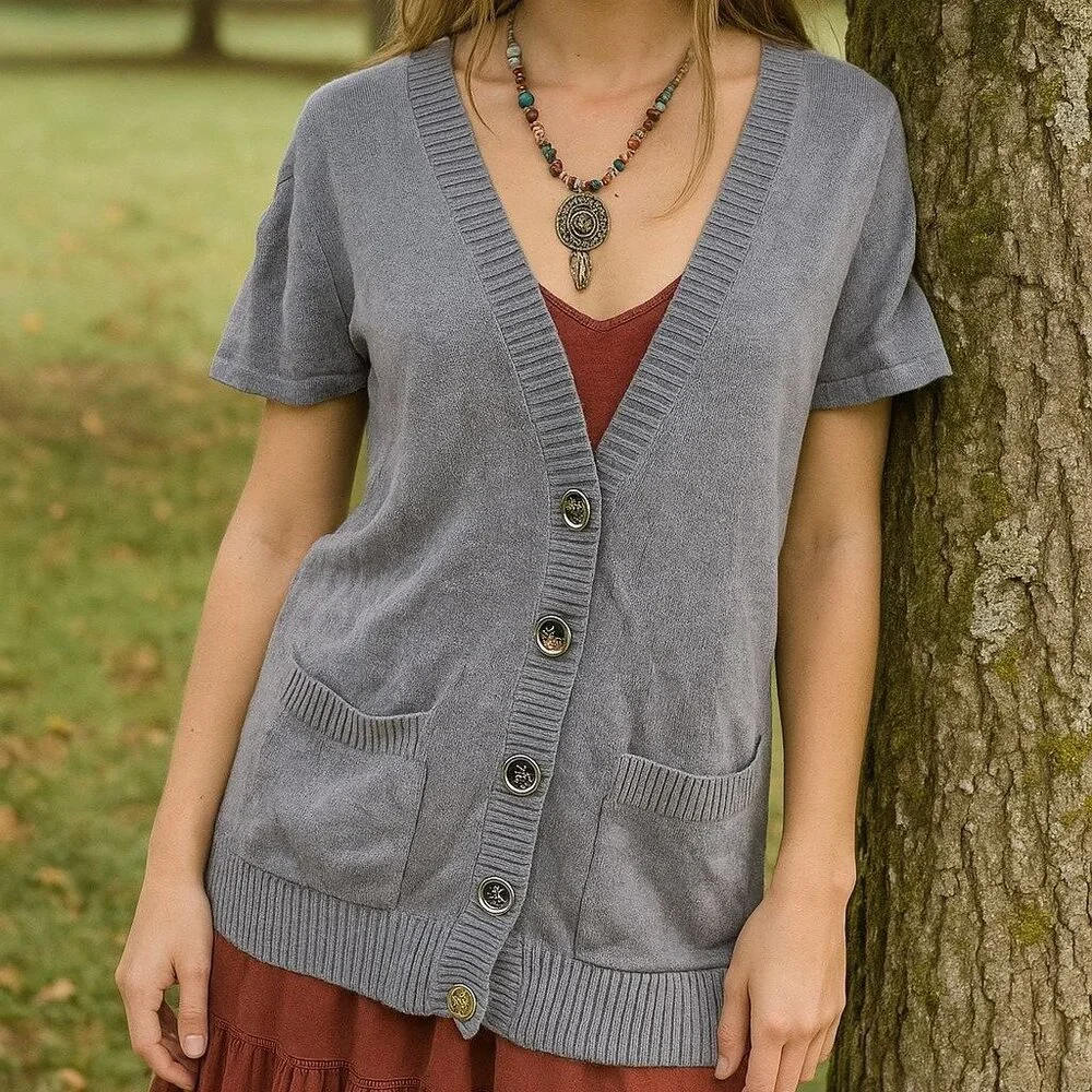 Michael Kors Med Cardigan Button Sweater Oversized Patch Pocket Lambswool Cotton